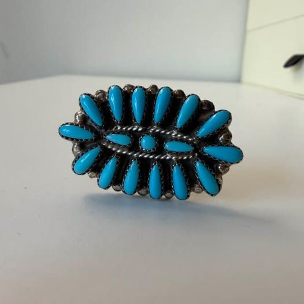 Sterling Silver Native American Turquoise Cluster Ring – Signed DJ Zuni Navajo